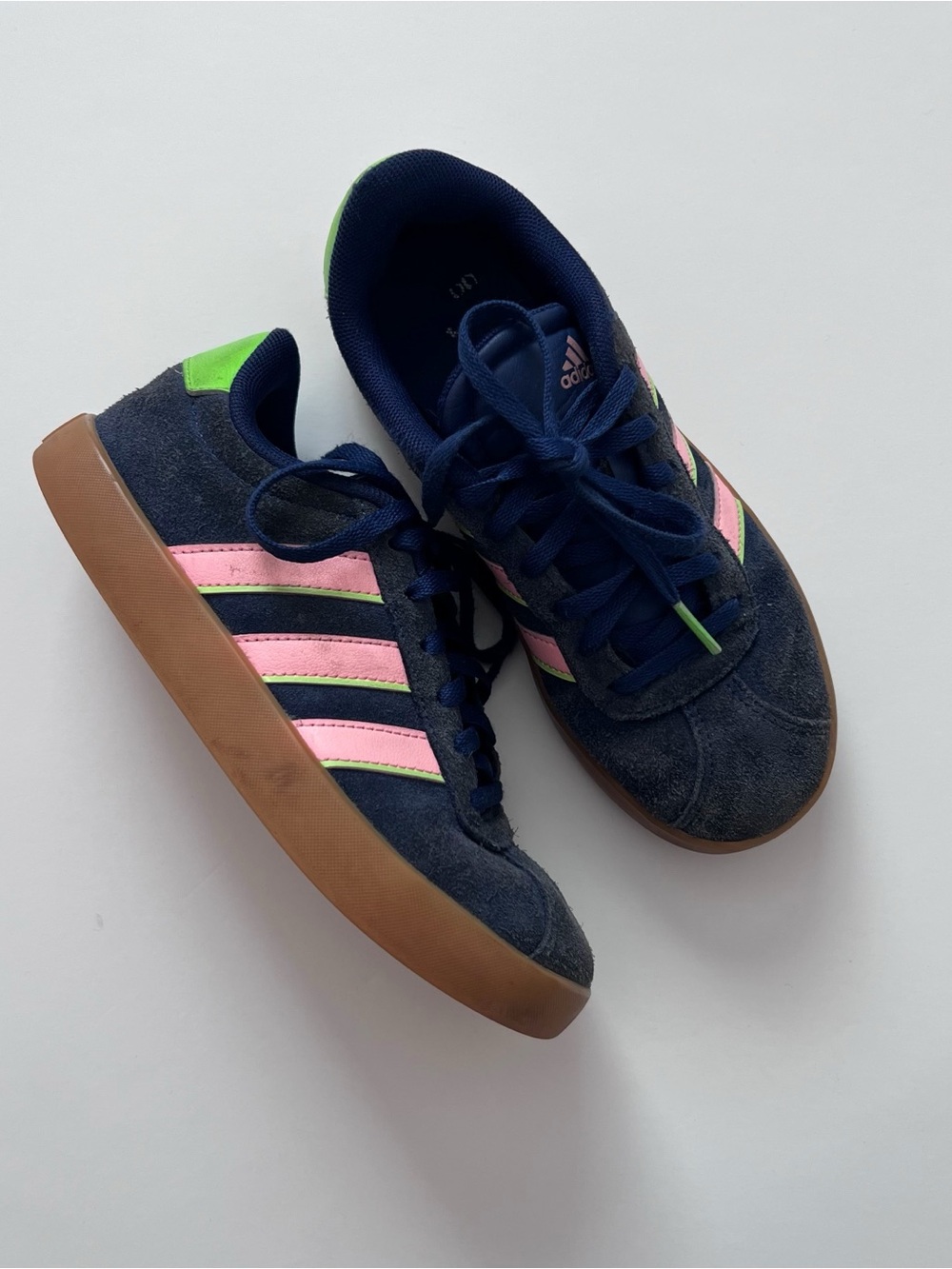 Adidas Kids Navy Suede Sneakers with Pink & I Neon Accents size 2